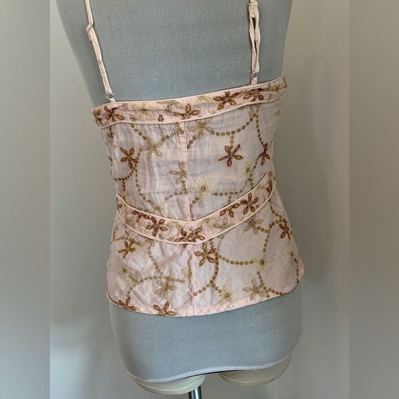 120% Lino Italy Floral 100% Linen Pink Tank Top embroidered 42 6 metallic corset - Picture 15 of 15